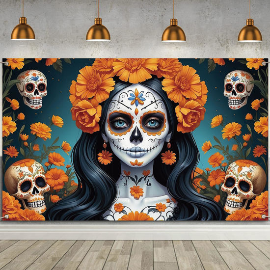 Picture of Dia De Los Muertos Backdrop for Photography Day of The Dead Banner Gothic Halloween Mexican Fiesta Sugar Skull Decorations and Supplies for Home Altar Ofrenda