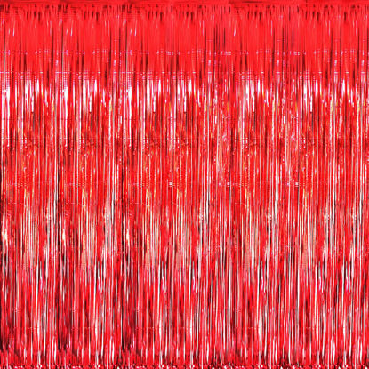 Picture of GOER 3.2 ft x 9.8 ft Metallic Tinsel Foil Fringe Curtains Party Photo Backdrop Party Streamers for Birthday,Graduation,New Year Eve Decorations Wedding Decor (1 Pack, Red)