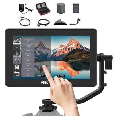 Picture of FEELWORLD F6 Plus 5.5 Inch 3D Touch Screen IPS FHD1920x1080 Support 4K HDMI Field Monitor On DSLR Camera DC and Type-C Input with Battery F750, Tilt Arm and 12V Adapter (with Battery and Charger)