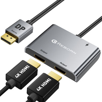 Picture of Reborn DisplayPort to Dual HDMI Adapter 4K@60Hz Display Port to HDMI 1 in 2 Out Splitter for Dual Monitor Extended Display, DP Source to 2 HDMI Adapter with PC, Graphics Card, Lenovo, HP and More