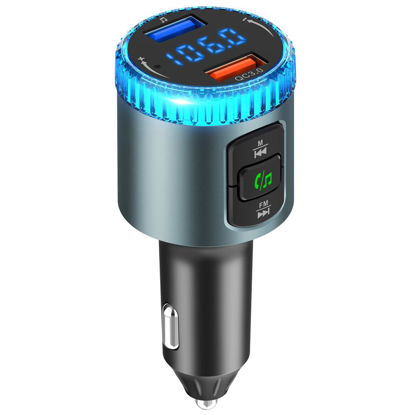 Picture of ILOKEY Bluetooth 5.0 Car FM Transmitter for Car 12V~24V Noise Cancelling MP3 Player 7 Color LED Charger Adapter Supports QC 3.0 Fast Charge Handsfree Call TF Card USB Flash Drive (black-BC52)