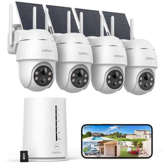 Picture of COOAU Cameras for Home Security Outdoor,4MP Solar Security Camera Wireless System,4 Cam-Kit,360° Pan & Tilt,Color Night Vision,Motion Detection,No Monthly Fee,Siren Alarm,IP66,64GB Memory Card