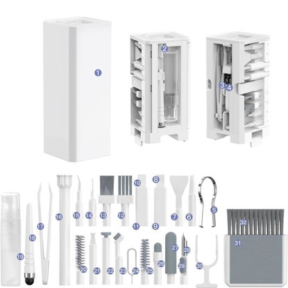Picture of Ekoomar 32-in-1 Electronics Cleaning Kit - Keyboard Cleaner, Phone Cleaner, Computer & Laptop Cleaner Kit - MacBook, AirPods, Earbud & iPhone Charger Port Cleaning Tool - Tech Gadget Cleaner - White