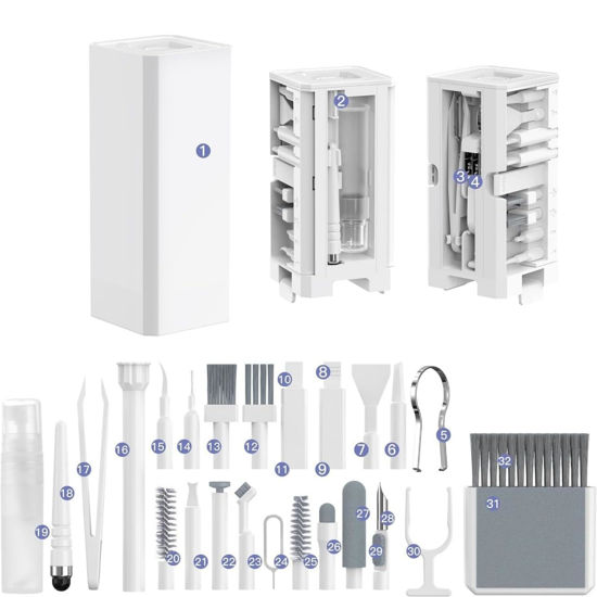 Picture of Ekoomar 32-in-1 Electronics Cleaning Kit - Keyboard Cleaner, Phone Cleaner, Computer & Laptop Cleaner Kit - MacBook, AirPods, Earbud & iPhone Charger Port Cleaning Tool - Tech Gadget Cleaner - White