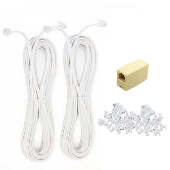 Picture of OLIREXD 2PCS 30Ft Phone Extension Cord Male to Male Telephone Flat Cord with Standard RJ11 6P4C Plug and 1 in-Line Coupler 50PCS cable Clamp Holders