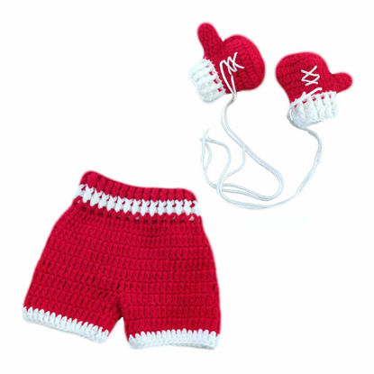 Picture of Zeroest Newborn Photography Prop Crochet Baby Boxer Outfit Knit Baby Photo Prop Costume Boxing Trunks Set (Red)