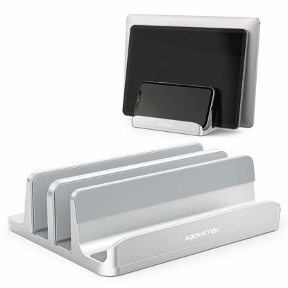 Picture of AboveTEK Vertical Laptop Stand, 3 Slots Aluminum Desk Laptop Holder & Laptop Docking Station Stand for MacBook, Tablet, Phone - Universal Fit (Up to 17.3") - Heavy Duty Polished, Anti Slide - Silver