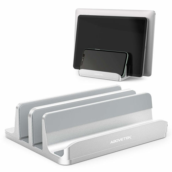 Picture of AboveTEK Vertical Laptop Stand, 3 Slots Aluminum Desk Laptop Holder & Laptop Docking Station Stand for MacBook, Tablet, Phone - Universal Fit (Up to 17.3") - Heavy Duty Polished, Anti Slide - Silver