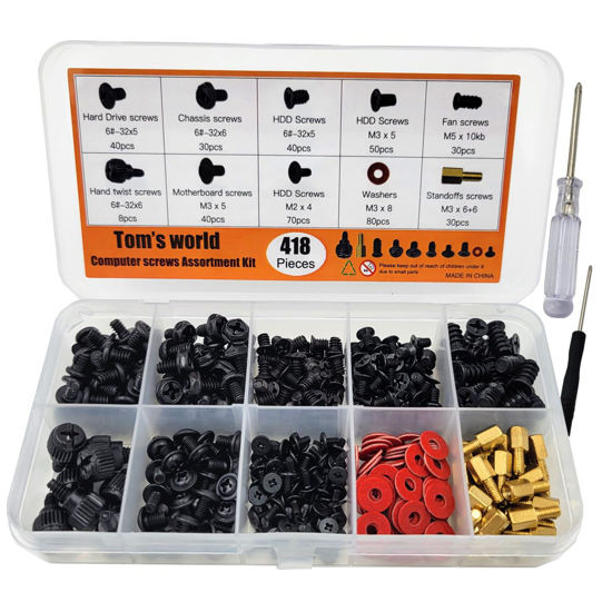 Picture of Tom's world 418Pieces Computer Screws Assortment Set Standoffs Screws for Motherboard, HDD,SSD,Cooling Fan,ATX Case,Chassis,Laptop Case Repair
