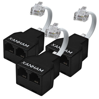 Picture of XANHAM Telephone Cable 2 Way Splitter(3 Pack) RJ11 6P4C Phone Line Cord Adapter with 3 inch Cable for Landline Phone Wire, Black, AV01204
