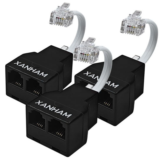 Picture of XANHAM Telephone Cable 2 Way Splitter(3 Pack) RJ11 6P4C Phone Line Cord Adapter with 3 inch Cable for Landline Phone Wire, Black, AV01204