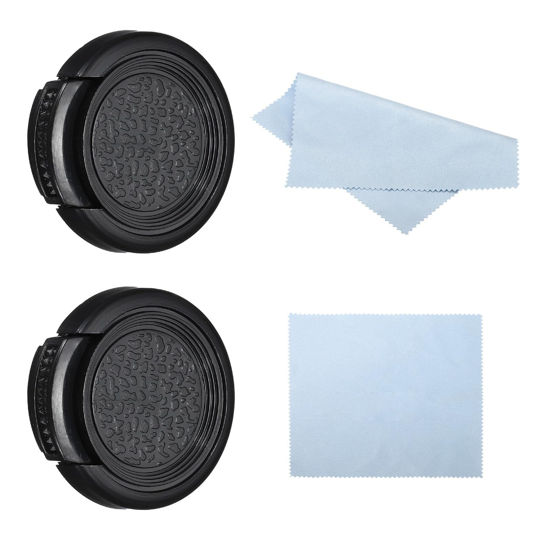 Picture of PATIKIL 27mm Lens Cap, 2 Pack Sides Pinch Snap Camera Lens Cover for Front Lens with Cloth, Suitable for 27mm Thread Universal DSLR Lenses, Black for Nikon, for Fujifilm, for Pentax