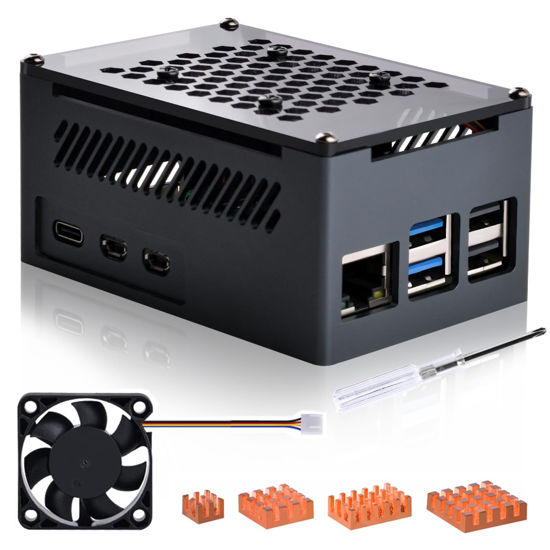 Picture of GeeekPi Aluminum Case for Raspberry Pi 5, with 4010 PWM Fan and Copper Heatsinks for Raspberry Pi 5, Support Official Raspberry Pi 5 Active Cooler, X1000/X1001/X1003/N04/N05 PCIe Peripheral Board