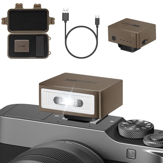 Picture of MEDALight F1 Mini Camera Flash Camera Flash Speedlite for Ricoh (GR3/GR3X,etc.) Fuji/Sony/Nikon/Canon,Digital Film Cameras,Portable Mini hot Shoe Flashlight for DSLR Cameras.(Brown Rosegold)