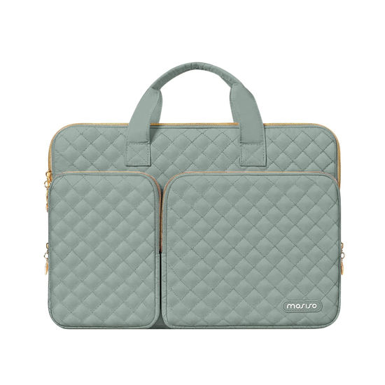 Picture of MOSISO 360 Protective Laptop Case 13.3 inch, 13-14 inch Laptop Sleeve Compatible with MacBook Air/Pro 13/Pro 14, HP Dell ASUS Lenovo, Square Quilted Bag Cover with 2 Pockets&Handle&Belt, Antique Green