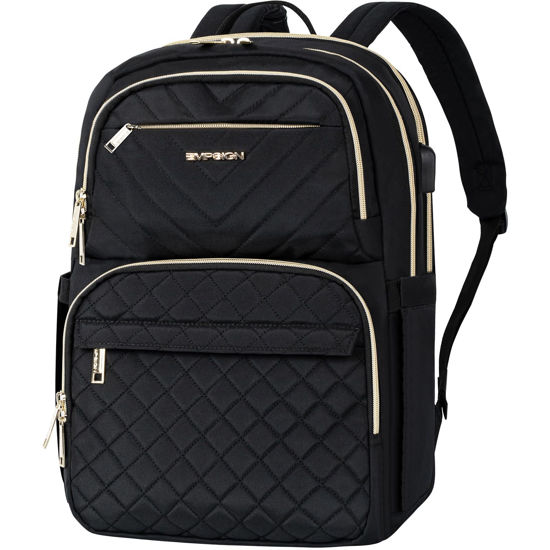 Picture of EMPSIGN Laptop Backpack Purse for Women and Men with USB Charging Port, 15.6 Inch Travel Water Resistant Quilted Backpack, High-Capacity 30L Work Business Computer Backpack, Black