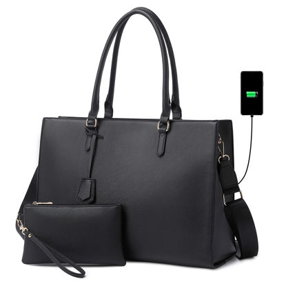 Picture of Laptop Bag for Women 17 inch Casual Work Bags for Women with USB Charging Port Laptop Tote Bag for Women with Clutch Purse (Black)