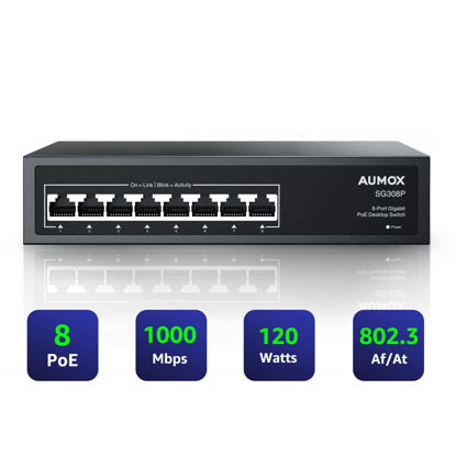 Picture of Aumox 8 Port Gigabit PoE Switch, 8 Port PoE 120W, Gigabit Ethernet Unmanaged Network Switch, Plug and Play, Sturdy Metal Housing, Traffic Optimization