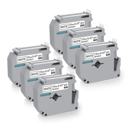 Picture of 6 x Label Maker Tape Replacement for Brother P Touch M Tape M-K231 M-K231s MK231 MK-231 M231 12mm 0.47 White, Compatible with Brother P Touch PT-M95,PT-90,PT-70,PT-65,PT-85 Label Maker Refills,26.2 Ft