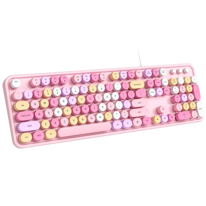 Picture of Dilter Wired Keyboard, 104 Keys Full-Sized Typewriter Keyboards, USB Plug and Play Office Keyboard with Number Pad, Caps Indicators, Foldable Stands for Windows, PC, Laptop (Pink Colorful)