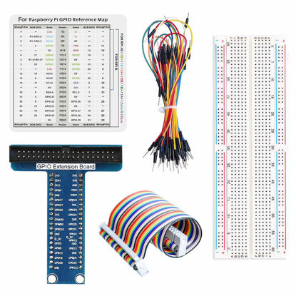 Picture of WayinTop RPi GPIO Breakout Expansion Kit for Raspberry Pi 4B 3B+ 3B 2B B+, T-Type GPIO Expansion Adapter Board + 830 Tie Points Solderless Breadboard + 40pin GPIO Flat Ribbon Cable + 65pcs Jumper Wire