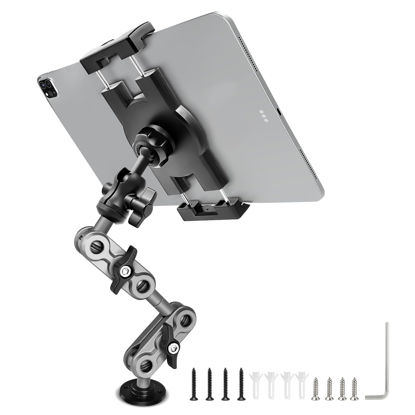 Picture of Porfortop Aluminum Heavy Duty Drill Base Tablet Holder Car Mount Dashboard, 14.2“ Long 360°3-Stage Metal Stand Bracket for 4.7-12.9" iPad Pro/Air/Mini/Samsung Galaxy Tab, for Car Auto Truck Wall Desk