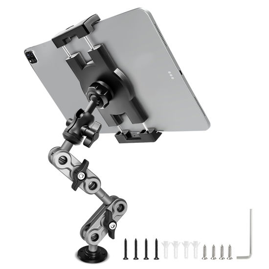 Picture of Porfortop Aluminum Heavy Duty Drill Base Tablet Holder Car Mount Dashboard, 14.2“ Long 360°3-Stage Metal Stand Bracket for 4.7-12.9" iPad Pro/Air/Mini/Samsung Galaxy Tab, for Car Auto Truck Wall Desk