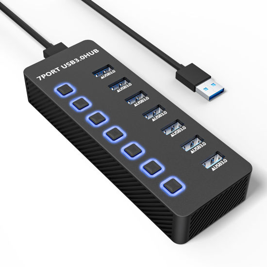 Picture of ONFINIO USB Hub 3.0 7 Port, USB Data Hub Splitter with LED Individual On/Off Switches and Lights, 5Gbps High Speed USB Port Expander for MacBook, Mac Pro, Mac Mini, iMac, Surface Pro, XPS, PC