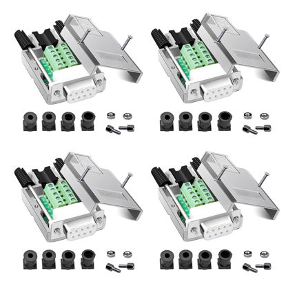 Picture of Willwewon 4PCS DB9 Female Solderless Breakout Connector,RS232 D-SUB Serial to 9-pin Port Plug Terminal Adapter with Metal Case Long Bolts Tail Pipe