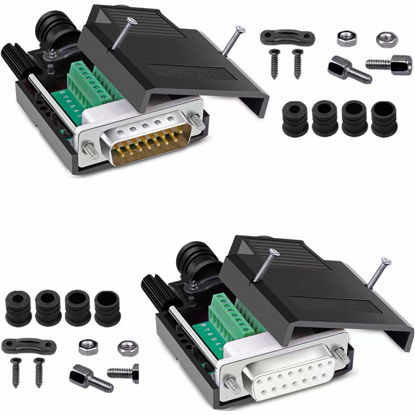 Picture of Jienk DB15 Solderless Male Female RS232 D-SUB Serial Adapters, 16mm thinner 15 Pin Port Terminal Solderfree Breakout Board Connector with Case Accessories