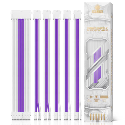 Picture of ASIAHORSE Power Supply Sleeved Cable, 16AWG PSU Extension Cable Kit White Connector Internal Power Supplies Cables with Combs, 1x24Pin/2x4+4 EPS/3x6+2 PCI-E, 30cm Length, White and Violet
