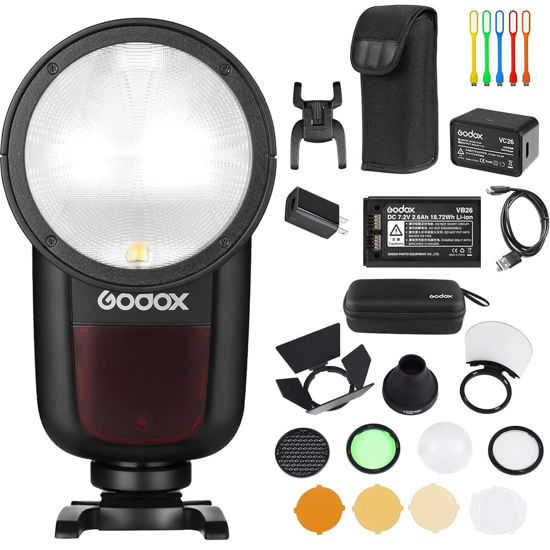 Picture of Godox V1 C U Flash for Canon Camera, Godox V1-C U Round Head Speedlight with Godox VB26 Battery and Godox AK-R1 Accessories Kit for Portrait, Event, Travel, Wedding Photography