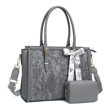 Picture of MOSISO Laptop Tote for Women, 17-17.3 inch PU Leather Compatible with MacBook, HP, Dell, Asus Notebook, Front Embossed Retro Hibiscus Computer Bag with Silk Scarf&Clutch Purse, Gray
