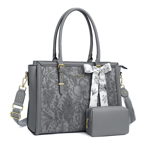 Picture of MOSISO Laptop Tote for Women, 17-17.3 inch PU Leather Compatible with MacBook, HP, Dell, Asus Notebook, Front Embossed Retro Hibiscus Computer Bag with Silk Scarf&Clutch Purse, Gray