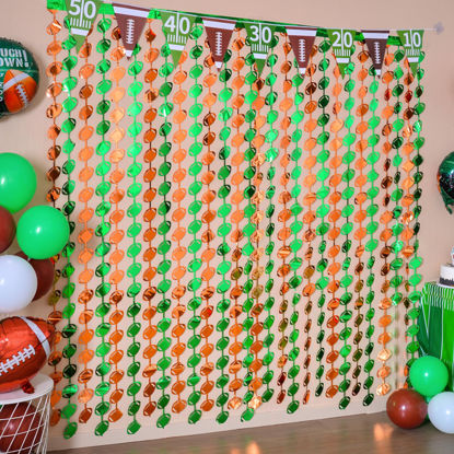 Picture of LOLStar Super Ball Party Decorations 2025, 3 Pack Football Shaped Foil Fringe Curtains, 3.3x6.6 ft Green and Brown Photo Booth Props, Super Ball Backdrop for Football Birthday Party Supplies