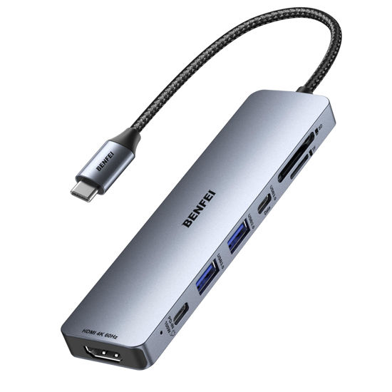 Picture of BENFEI 7-in-1 USB C Hub with HDMI(4K@60Hz), 2 USB-A, 1 USB-C Data, 100W Charge, SD/TF Card Reader, Silicone Tangle-Free Cable Compatible with MacBook Pro/Air, iPad Pro, iMac, iPhone 15 Pro/Pro Max