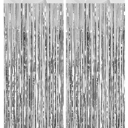 Picture of 2 Pack Silvery Tinsel Curtain Party Backdrop Decorations, Metallic Foil Fringe Backdrop Door for Halloween, Christmas, Birthday Graduation Wedding Party Streamers Photo Backdrop.