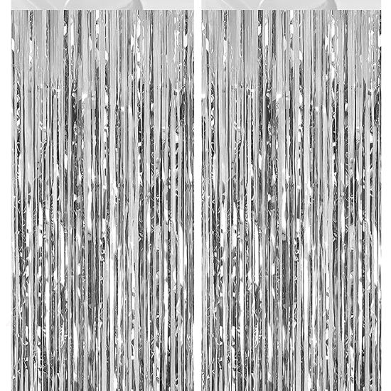 Picture of 2 Pack Silvery Tinsel Curtain Party Backdrop Decorations, Metallic Foil Fringe Backdrop Door for Halloween, Christmas, Birthday Graduation Wedding Party Streamers Photo Backdrop.