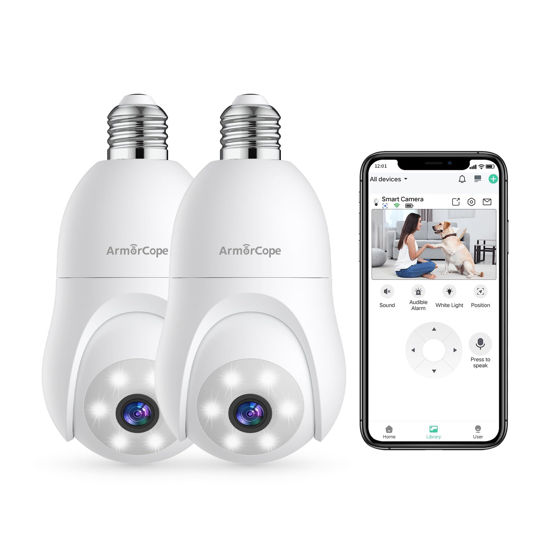 Picture of Armorcope 2K Light Bulb Security Camera 2.4GHz,360° Motion Tracking Wireless Security Camera Outside,Full-Color Night Vision Indoor/Outdoor Camera,SD&Cloud Storage,E27/E26 Light Socket (2 Pack)