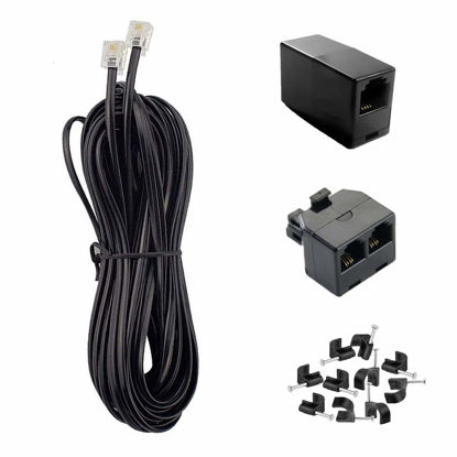 Picture of KINXIYU Phone Cord 25FT, Landline Telephone Cable with RJ11 Plug, Includes Telephone Inline Coupler RJ11 Splitter and 10pcs Cable Clips(Black)
