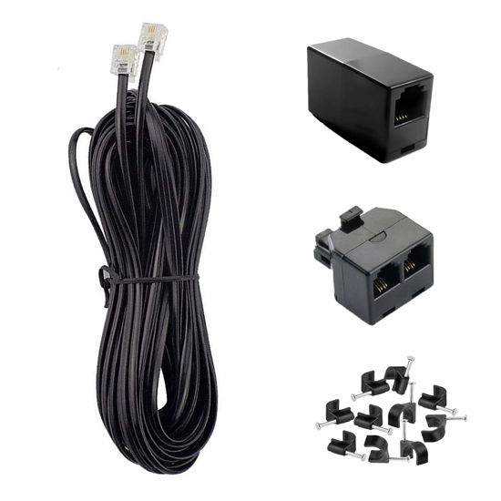 Picture of KINXIYU Phone Cord 25FT, Landline Telephone Cable with RJ11 Plug, Includes Telephone Inline Coupler RJ11 Splitter and 10pcs Cable Clips(Black)