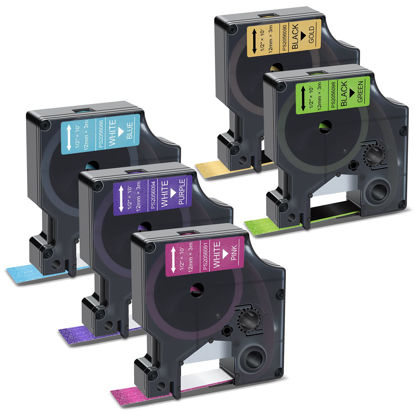 Picture of Pristar Compatible Label Tape Replacement for Dymo D1 Colorpop Label Tape 12mm 0.47" Work with DYMO COLORPOP Label Maker LabelManager 160 280 360D 420P PnP, Purple/Pink/Blue/Green/Gold Glitter, 5-Pack