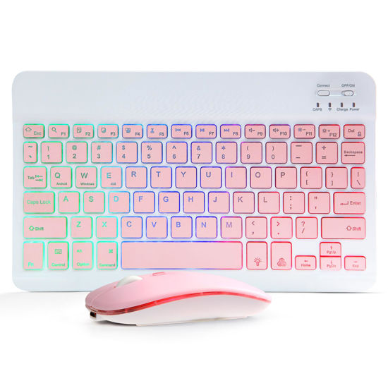Picture of Ultra-Slim Bluetooth Keyboard and Mouse Portable Mini Wireless Keyboard Rechargeable 7-Color Backlit for Apple iPad iPhone Samsung Tablet iPhone Smartphone iOS Android Windows,(10 inch Pink)