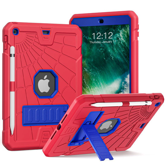 Picture of New iPad 5th 6th Generation Case 9.7 inch 2017 2018 Released with Stand & Pencil Holder | Kids Friendly 3-Layer Heavy Duty Rugged Protective Shockproof | Red & Blue
