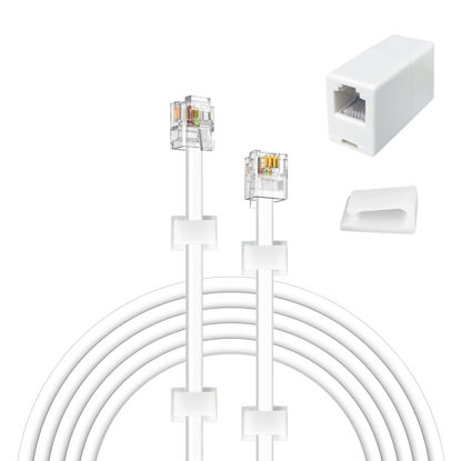 Picture of YOLISTIC 30 Feet Telephone Cable(RJ11 6P4C Plug) Include 1 in-Line Couplers(Double RJ11 6P4C Female) and 20 Cable Clips, White