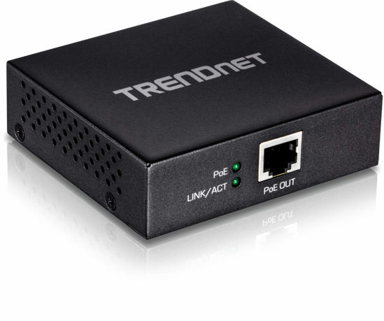 Picture of TRENDnet Gigabit PoE+ Repeater/Amplifier, 1 x Gigabit PoE+ In Port, 1 x Gigabit PoE Out Port, Extends 100m For Total Distance Up To 200m (656 ft), Supports PoE(15.4W) & PoE+(30W), Black, TPE-E100