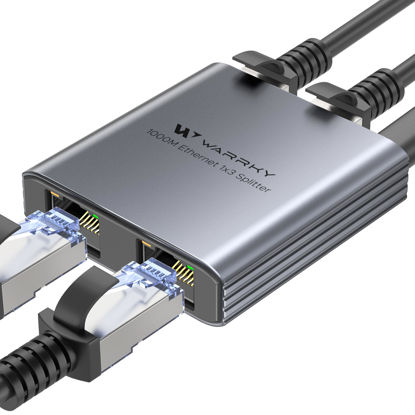 Picture of WARRKY Ethernet Splitter 1 to 3, 1000Mbps RJ45 Ethernet Switch 3 Port, [0.55inch Ultra Slim, Integrally Molded Aluminum Case] Gigabit LAN Splitter with USB-C Power Cable, for Cat5/5e/6/7/8 Cable