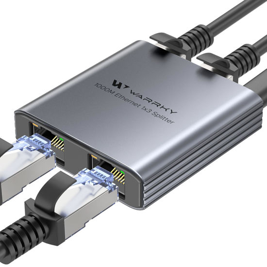 Picture of WARRKY Ethernet Splitter 1 to 3, 1000Mbps RJ45 Ethernet Switch 3 Port, [0.55inch Ultra Slim, Integrally Molded Aluminum Case] Gigabit LAN Splitter with USB-C Power Cable, for Cat5/5e/6/7/8 Cable