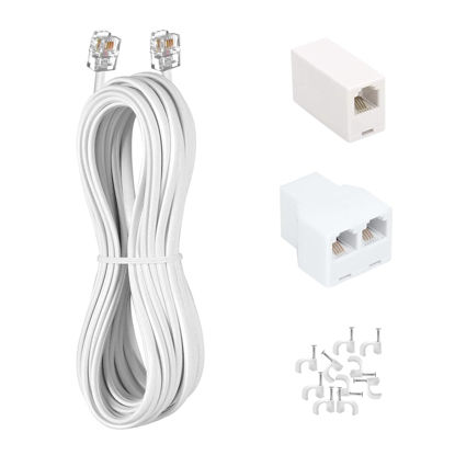 Picture of Long Telephone Extension Cord 50FT, White, Phone Cable Line Wire with Standard RJ11 Plug, 1 Phone Line Splitter, 1 In-line Coupler and 35 Cable Clip Holders for Telephone Calling Communication