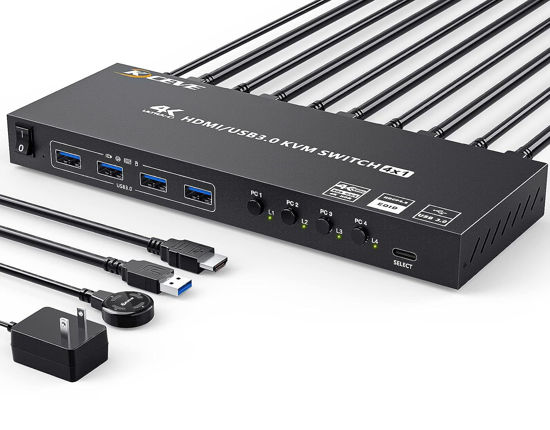 Picture of USB 3.0 KVM Switch HDMI 4 Port Support 4K@60Hz 2K@120Hz Simulation EDID,MLEEDA HDMI USB Switch for 4 Computers Share 1 Monitor and 4 USB 3.0 Port,with Desktop Controller and KVM Cables